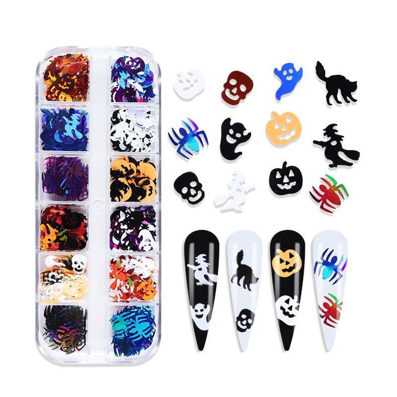 12 grilles de paillettes d'ongles fantômes de crâne 3D
