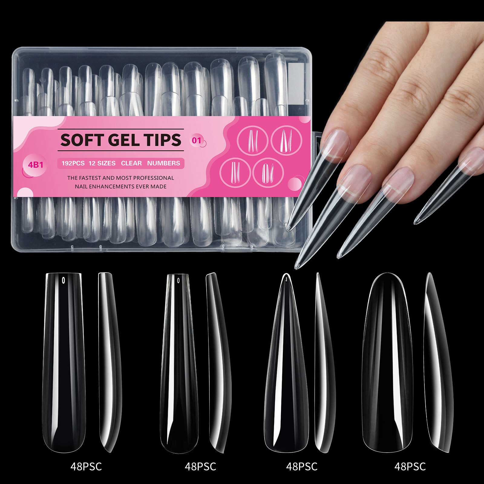 Bouts d'ongles cercueil-midium transparents à couverture complète 4 en 1