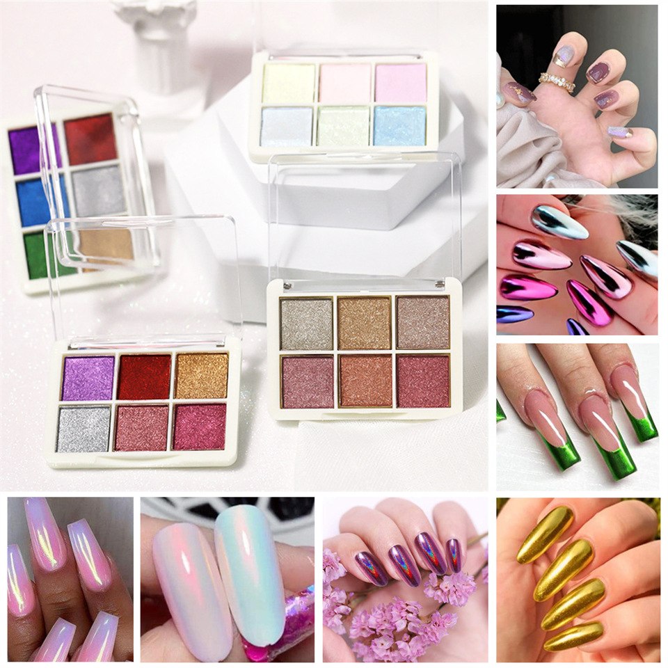 Ensemble de poudre à ongles chromée solide 6 en 1