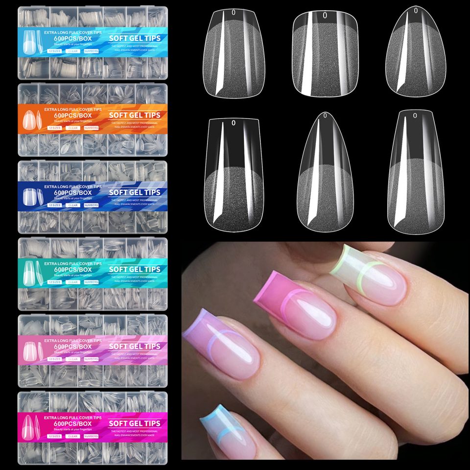 600 pièces de pointes d'ongles à couverture complète en gel souple