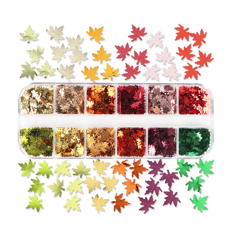 Paillettes pour ongles en forme de feuille d'érable, 12 couleurs